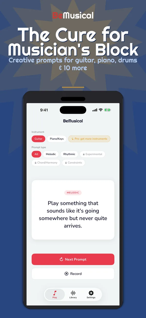 BeMusical prompt screen: get a creative constraint for your instrument