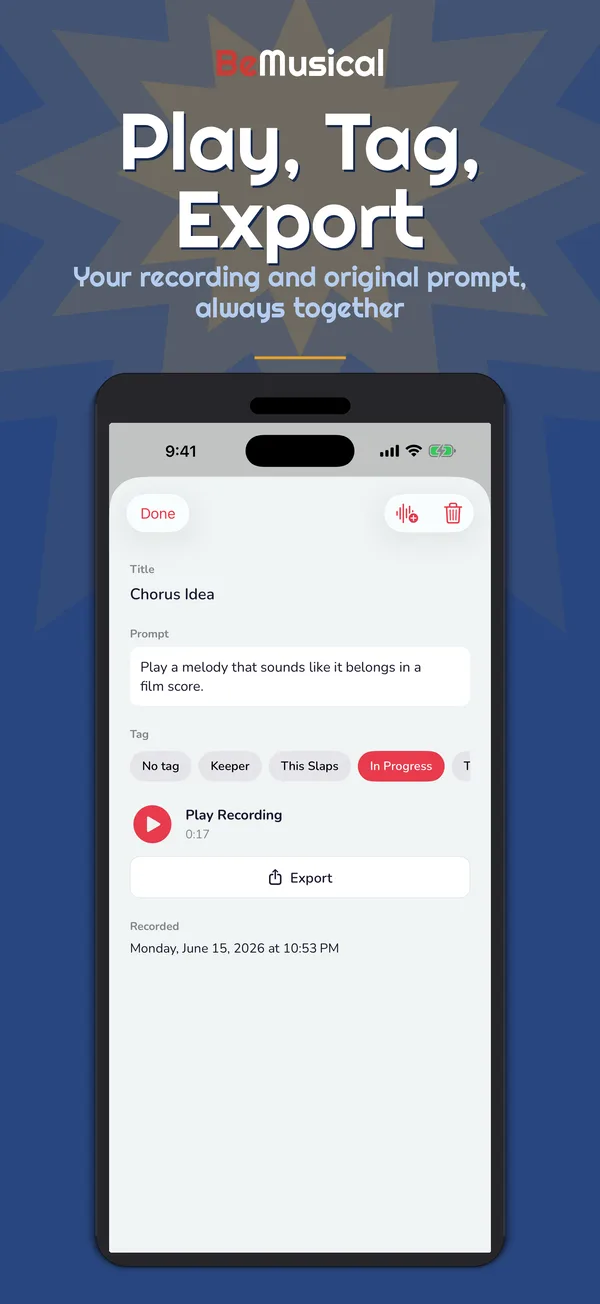 BeMusical recording detail and export screen